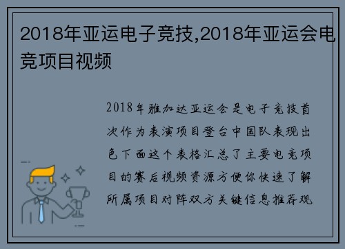 2018年亚运电子竞技,2018年亚运会电竞项目视频